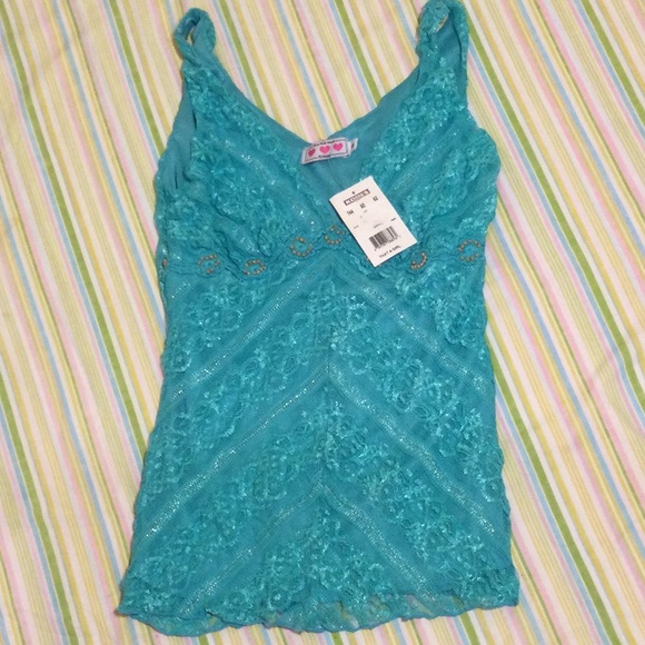 Tres Three Pink Hearts Tops - Vintage Light Turquoise Lace Sheer Sleeves Top by Tres Pink Hearts